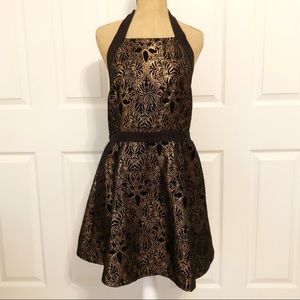 EUC WORN ONCE C. Luce Black & Gold Brocade Halter Cocktail Dress L